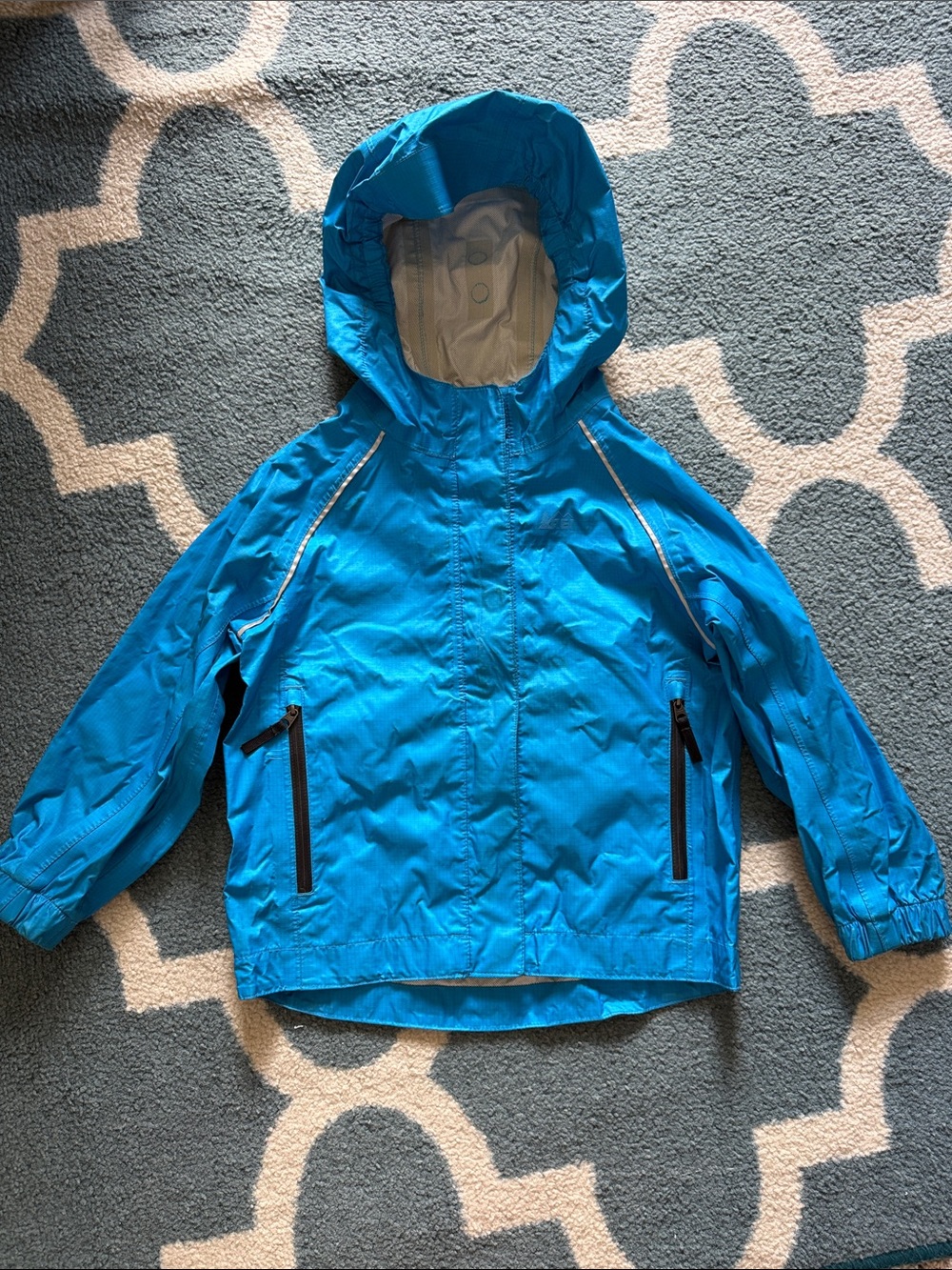 REI Bright Blue Hooded Kids Rain Jacket